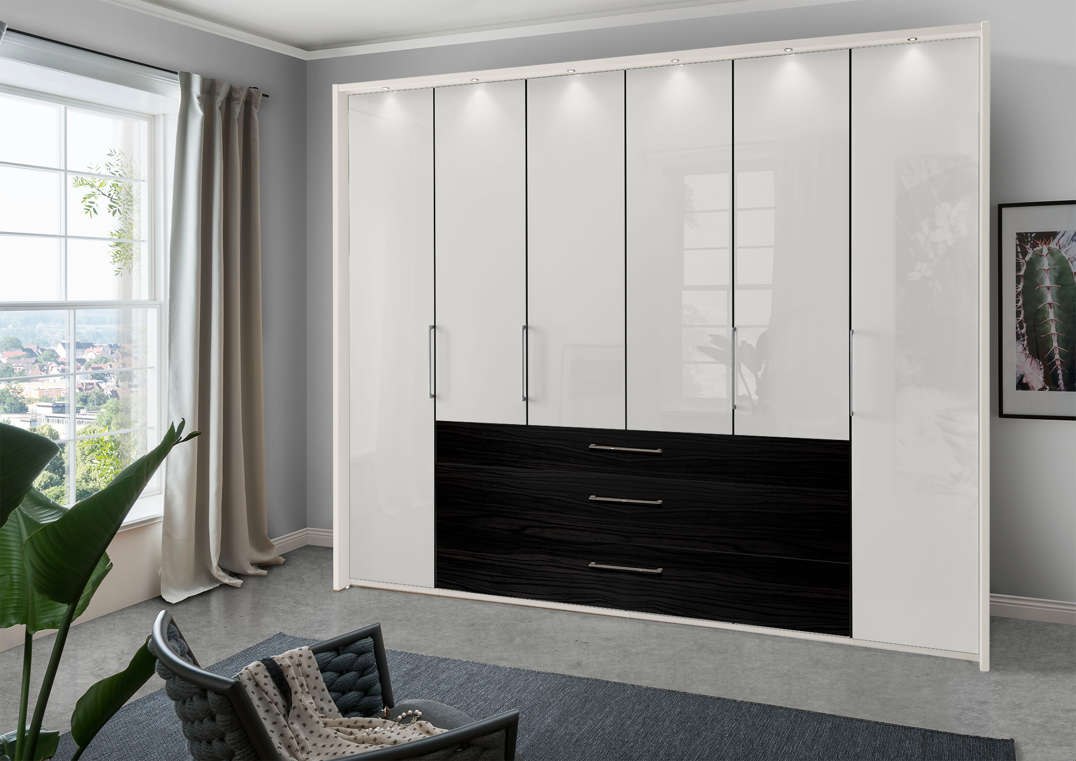 Munich 6 Door Wardrobe Glass White with Drawers 300 cm