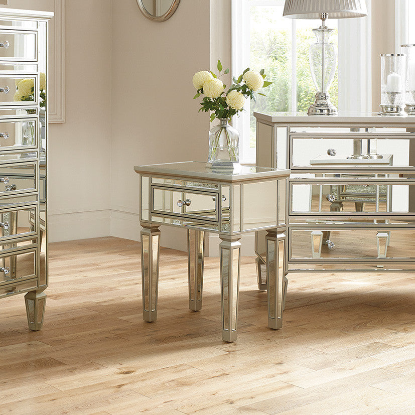 Mirrored Glass & Wood 1 Drawer Table