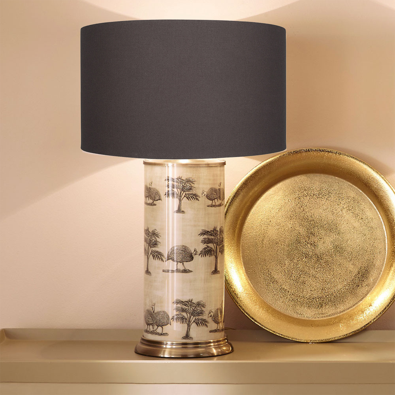 Guinea Foul Glass Table Lamp & Black Shade