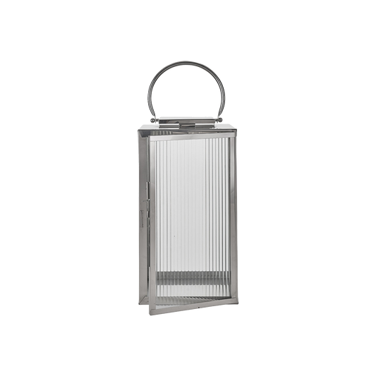 Shiny Nickel Large Lantern with Ribbed Glass