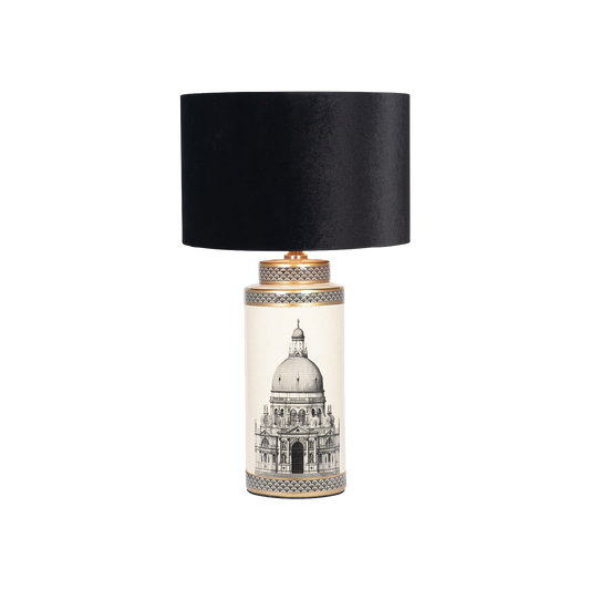 Black & Cream Building Ceramic Lamp with Velvet Shade