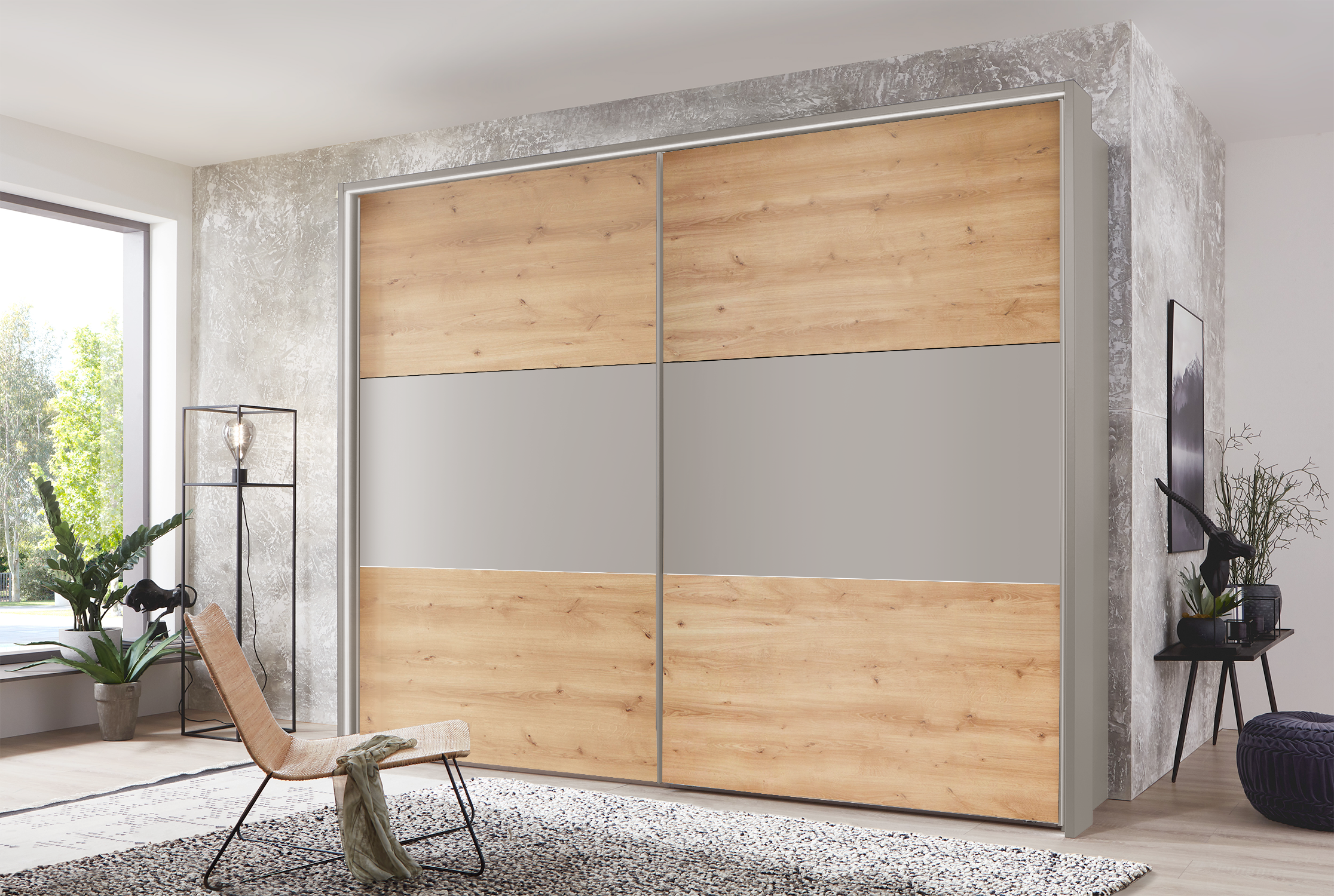 Kadiz Sliding Wardrobe Bianco Oak with Panelling 300 cm