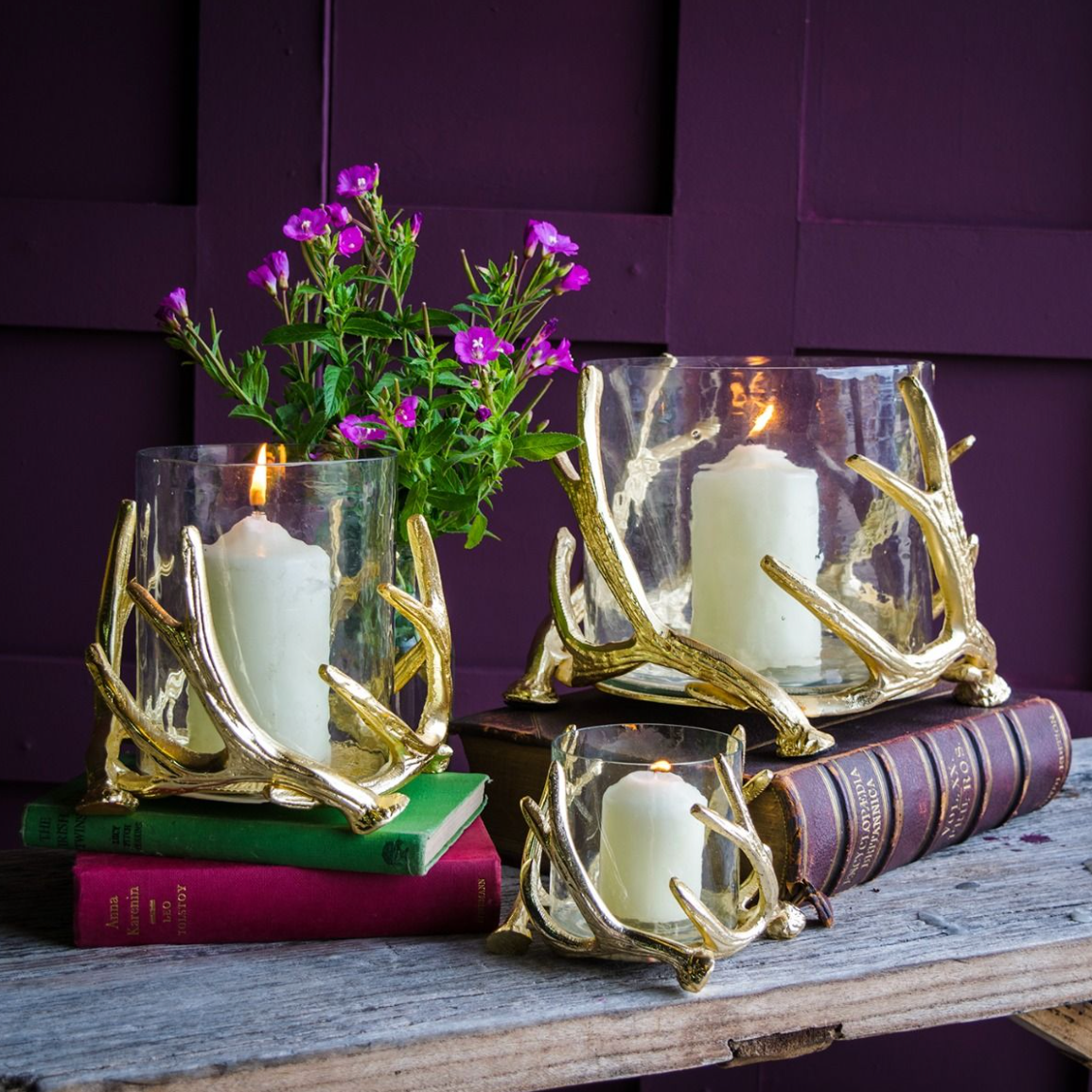 Medium Antler Gold Hurricane with Hammered Glass