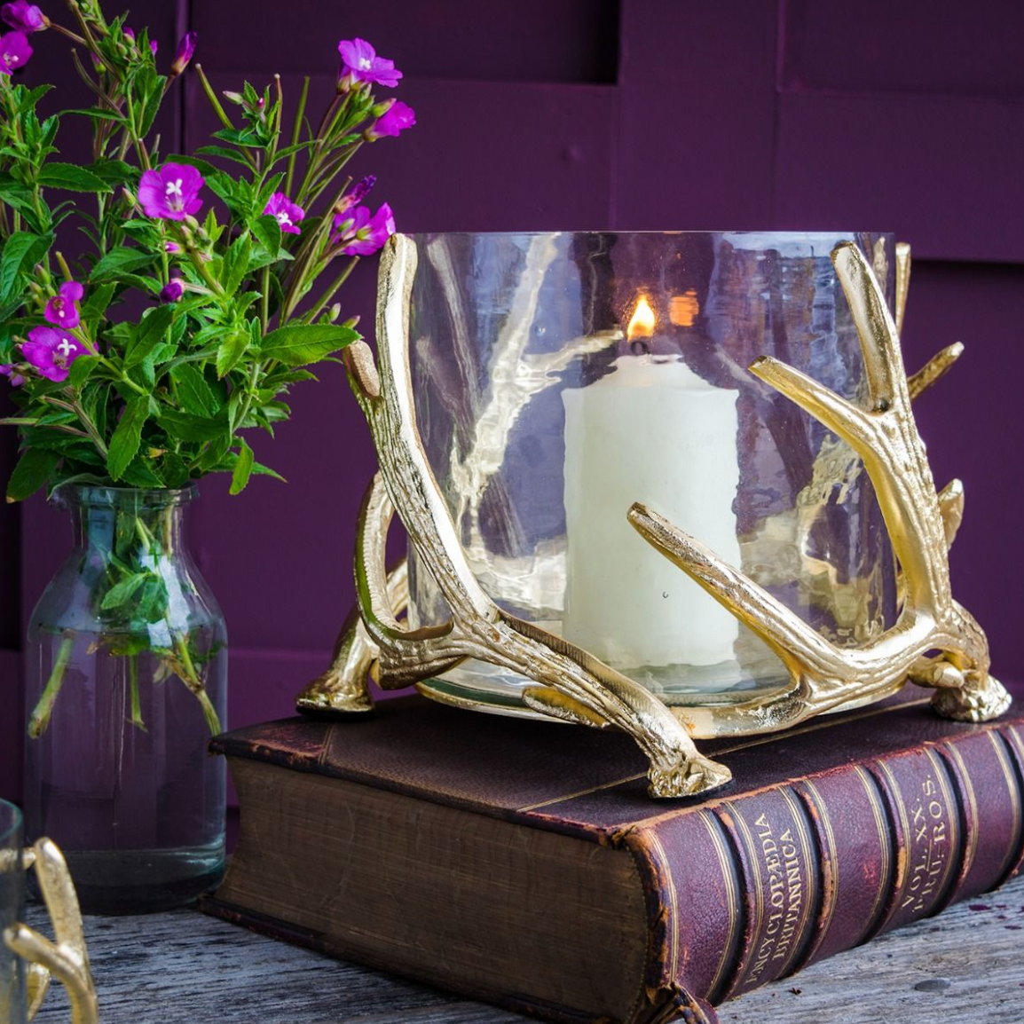 Large Antler Gold Hurricane with Hammered Glass