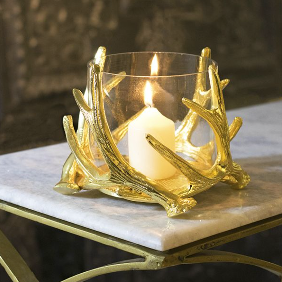 Large Antler Gold Hurricane with Hammered Glass