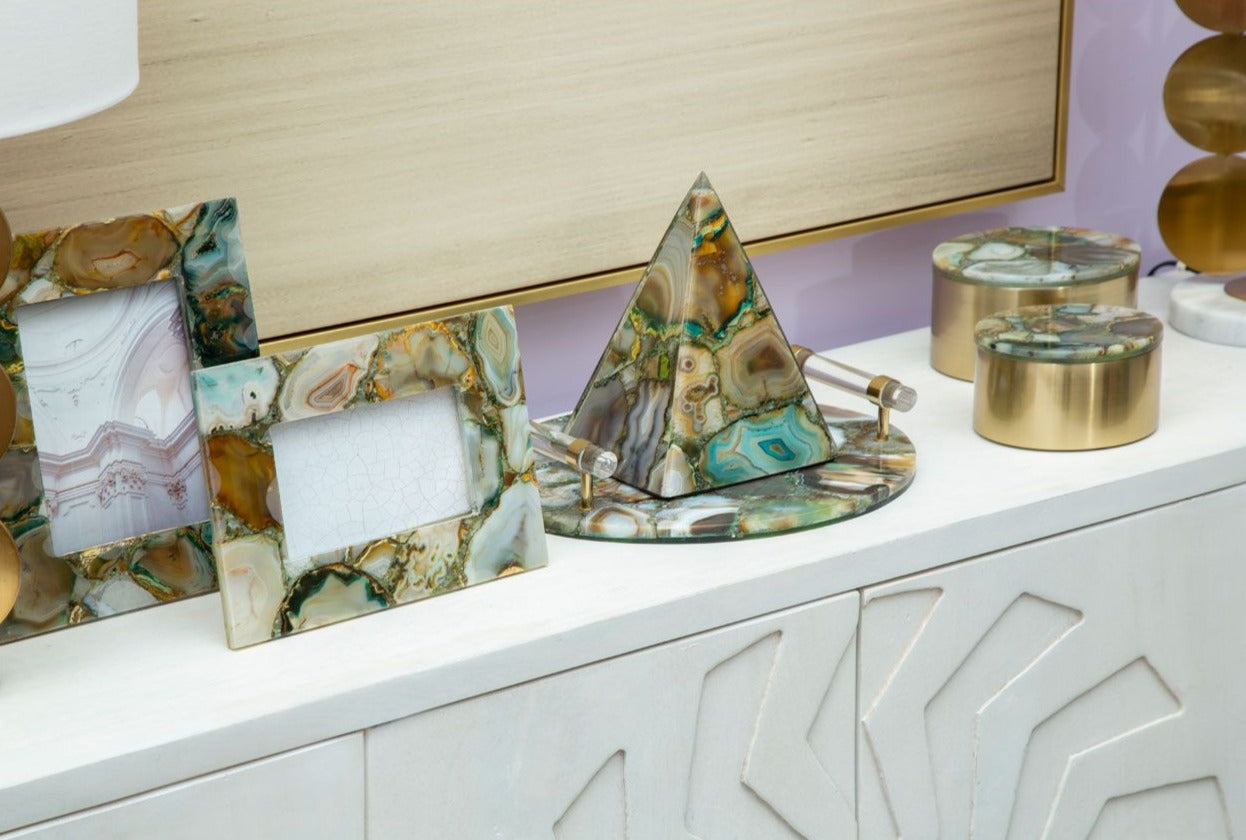 Bowerbird Round Green & Gold Agate Tray